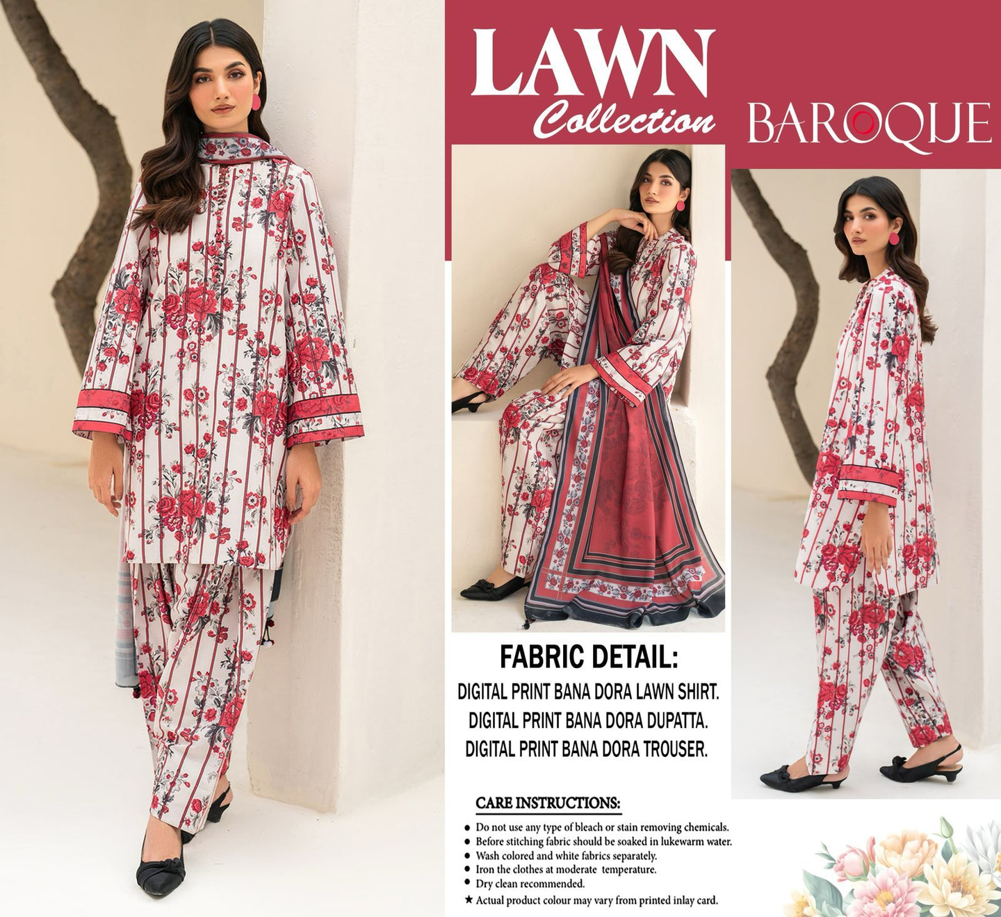 BAROQUE 3PC Summer Casual Collection Premium Lawn Bana Dora 90/88 Digital Printed Elegance