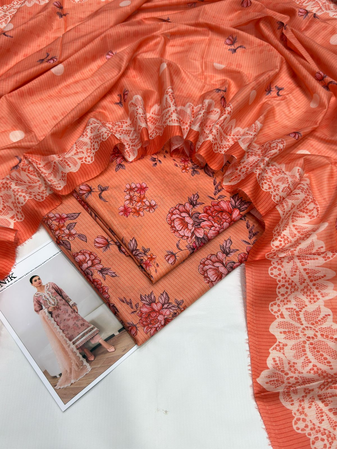 Elegant Unstitched Pink Floral Digital Print Lawn Suit with Lace Trims and Flowy Dupatta - Iznik Collection