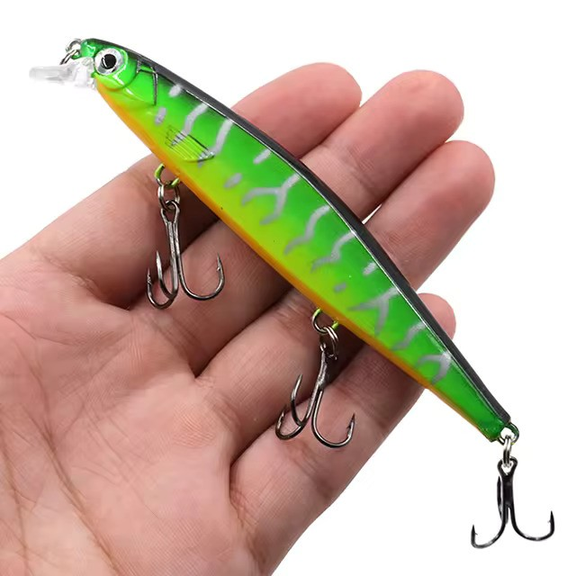 Neon Green Minnow Fishing Lure – Floating Hard Bait with Triple Treble Hooks