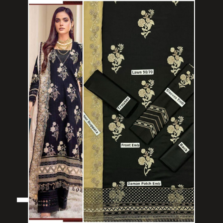 Unstitched Luxury Embroidered Lawn 3Pc Suit with Voile Dupatta – Elegant Summer Wear Collection by Mix Brand.