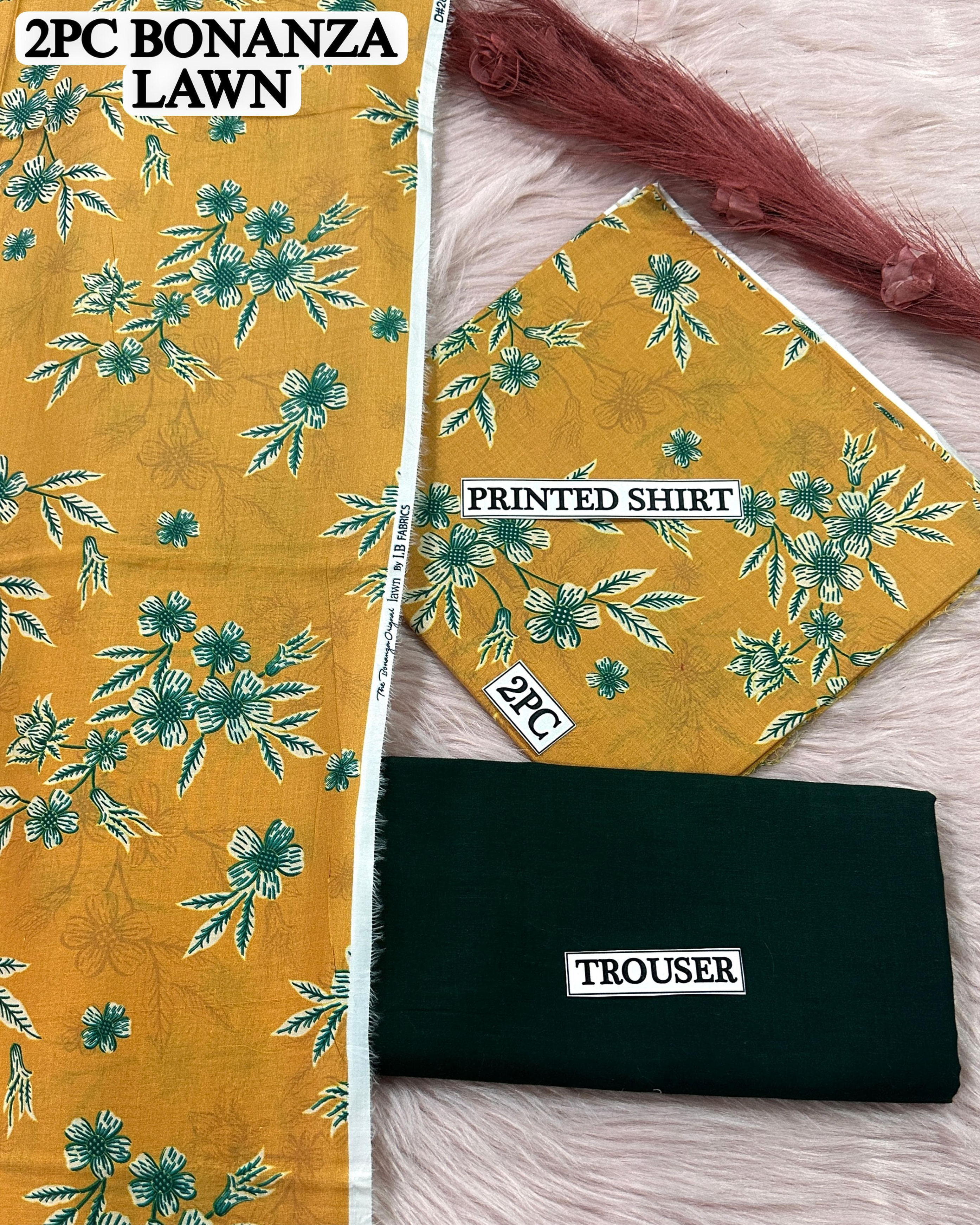 Stylish Green Floral Motifs on Mustard Yellow BONANZA Premium 2PC Unstitched Lawn Suit for Women