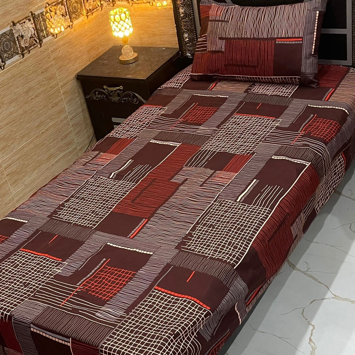 Contemporary Geometric Crystal Cotton Bed sheet Set – 4Pc Single Bed with Pillow Covers-0019