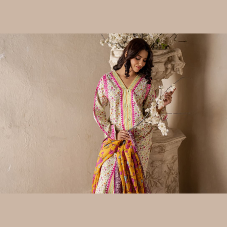 3PC Digital Printed Lawn Suit in Light Beige with Pink, Yellow & Purple – Salina Collection by Regalia Textiles 100% Original