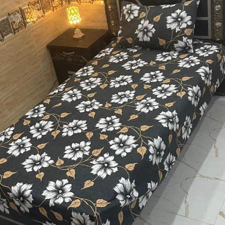 Elegant 4Pc Crystal Cotton Single Bed Sheet Set – Black Floral Design, Soft & Durable