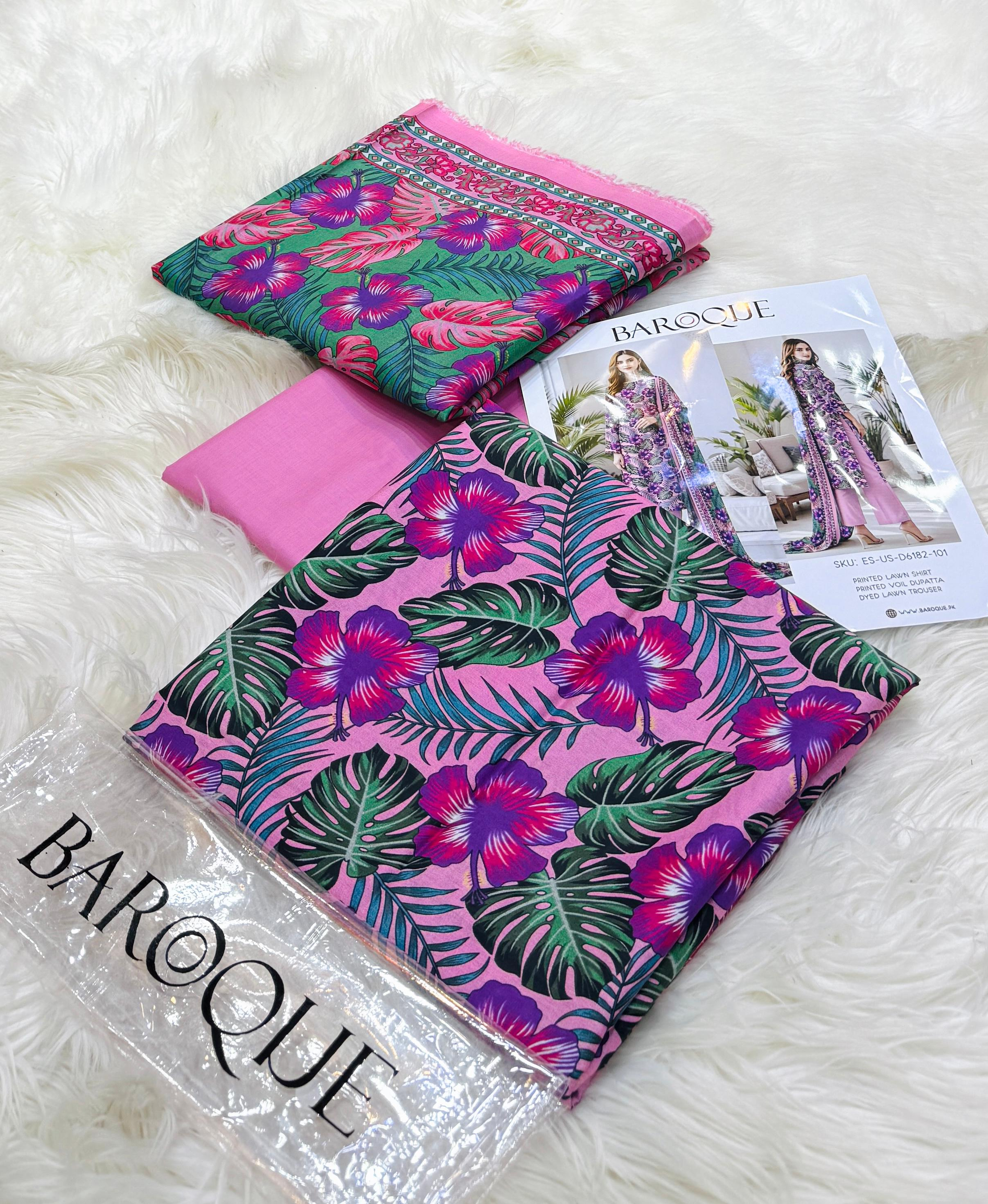 Baroque Flamingo Pink & Tropical Green Floral Printed Lawn Suit - Premium Unstitched 3-Piece Collection