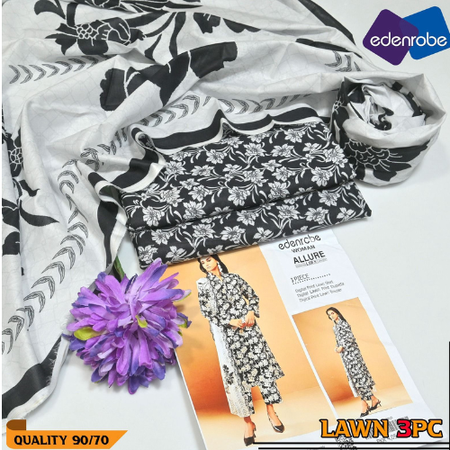 Edenrobe Allure Black & White Floral Lawn 3PC Unstitched Suit EDR-3009