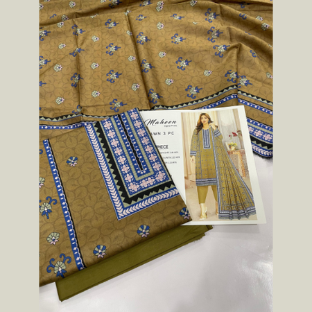 Mustard Digital Printed Lawn 3pc Unstitched Suit – Maheen Prints Summer Collection with Cambric Dyed Trouser and Lawn Dupatta