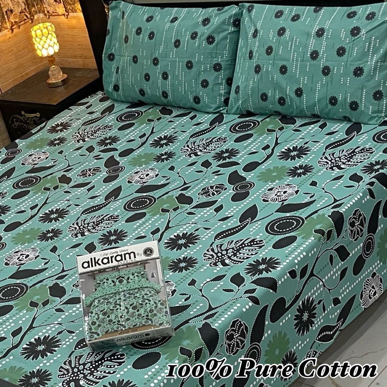 Floral Print Bed Sheet Set – Stylish Green, Black & White Floral Design | 100% Pure Cotton Bedding by Alkaram-019