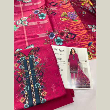 Magenta Digital Printed 3pc Lawn Suit Maheen Prints Summer Collection with Cambric Dyed Trouser, Printed Lawn Dupatta & Bag Packing
