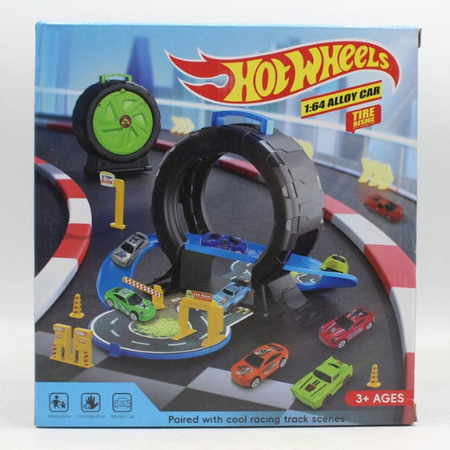Hot Wheels 1:64 Alloy Die-Cast Cars Track Set with Tire Loop, Car Wash & Interactive Racing Scene | Fun Toy for Kids | Durable Metal Cars with Cool Racing Track Design.