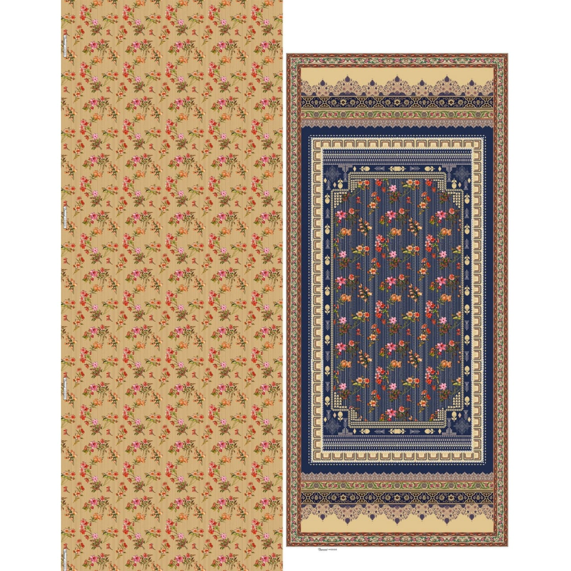 Bareeze Lawn 3-Piece Suit Allover– beige and Navy Blue Floral print Fabric with voil printed dupatta with border-volume #01- 2006