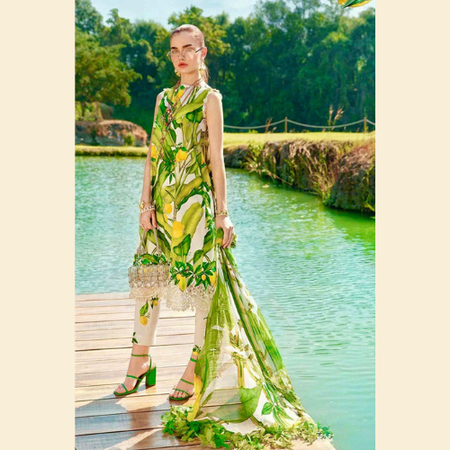 M.Print PE001 – Elegant 3pc Summer Lawn Dress with Original Stamp Design and Daman Patch