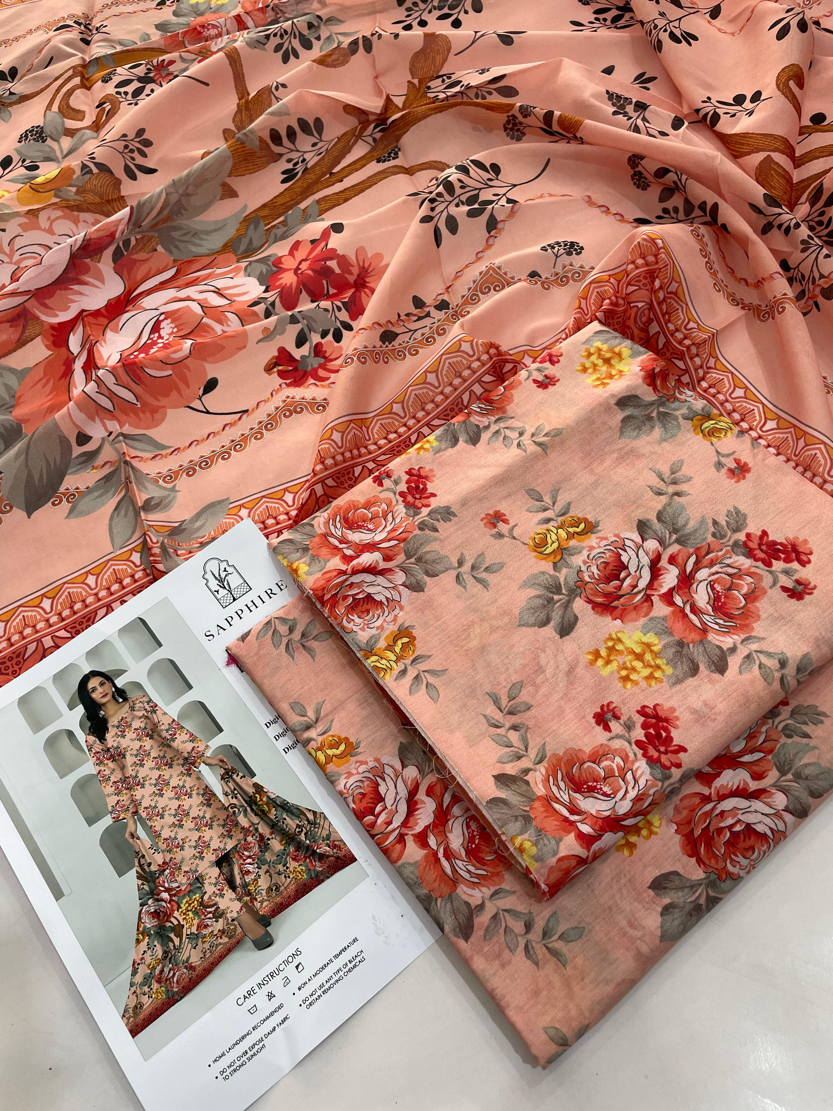 Sapphire Elegant Peach & Red Floral Digital Print Lawn Suit | Unstitched 3-Piece Pakistani Summer Collection for Women