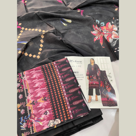 Black Digital Printed 3pc Lawn Suit – Maheen Prints Summer Collection with Cambric Dyed Trouser, Printed Lawn Dupatta & Premium Bag Packing