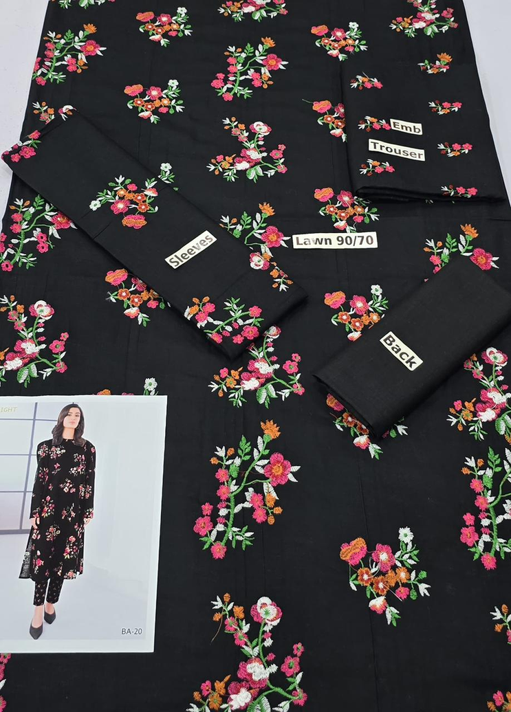 "Onlnova Lux" Embroidered Lawn Suit - Black Floral Print
