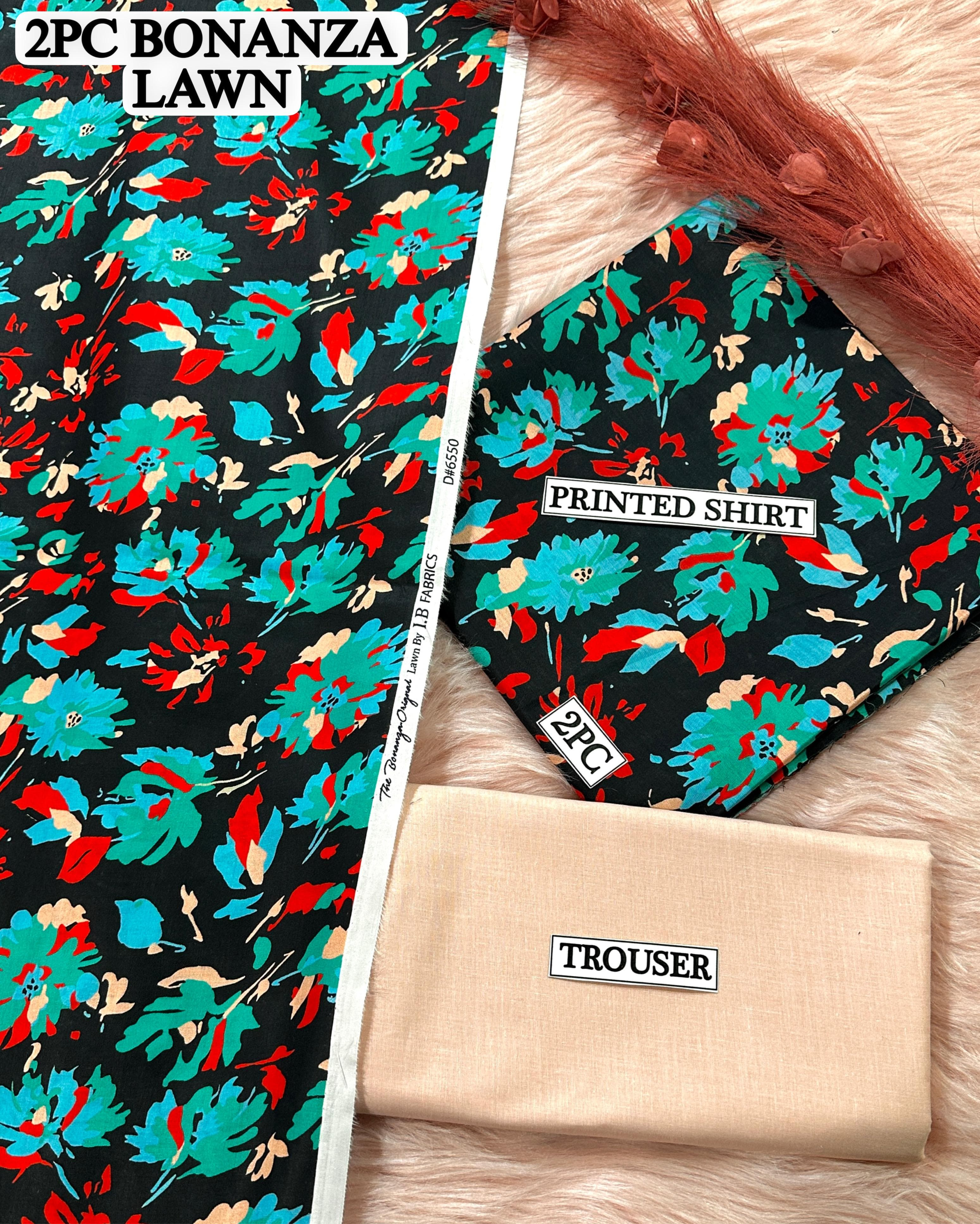 Teal & Red Floral Print on Black Lawn BONANZA 2Piece Unstitched Suit for Women