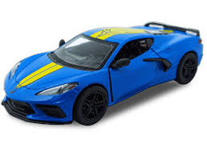 Dynamic Blue 2021 Chevy Corvette C8 Stingray Diecast Toy Car with Yellow Racing Stripes - Model for Collectors & Play