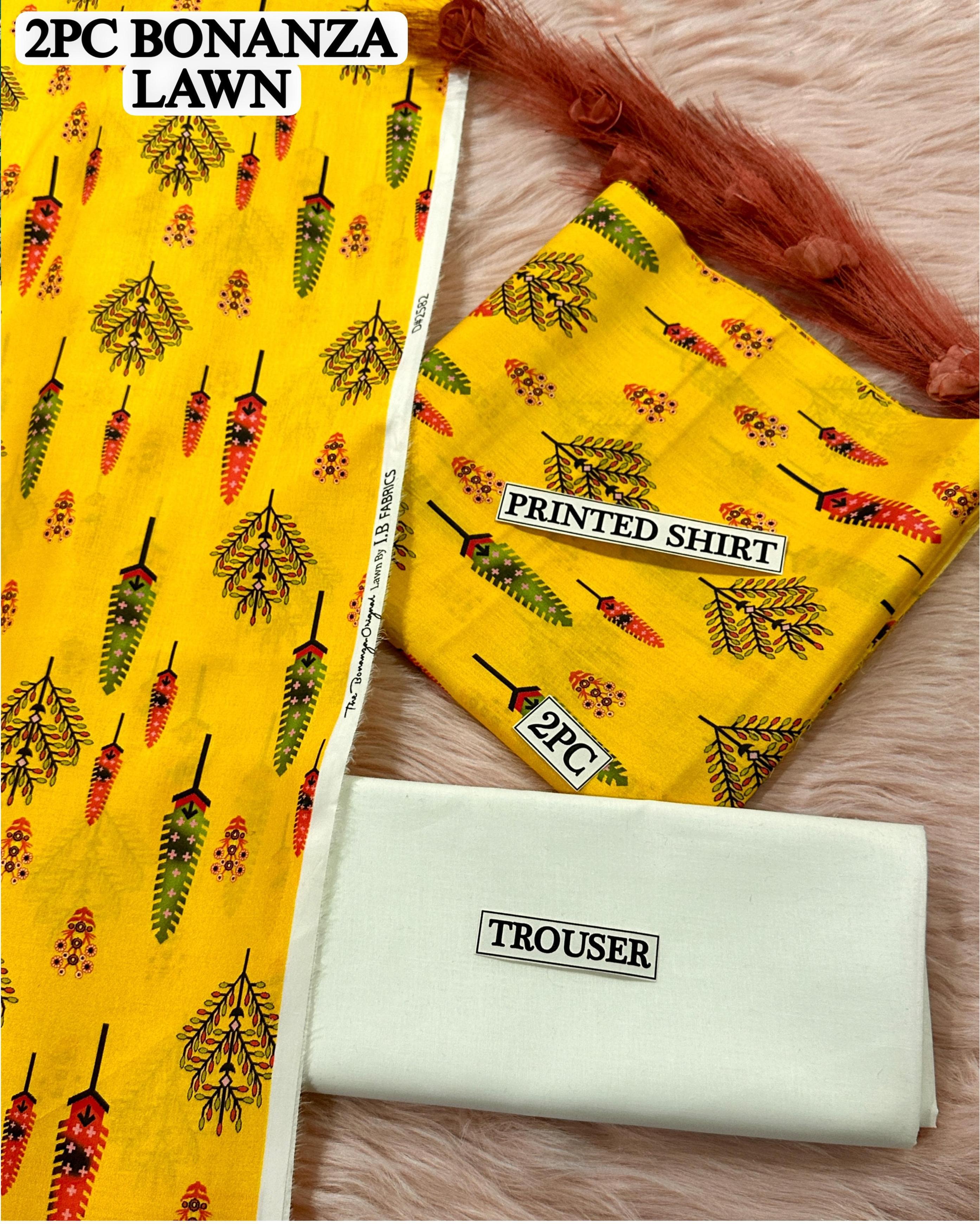 Stylized Leaf & Feather Pattern BONANZA Premium 2PC Unstitched Lawn Suit in Yellow with Green, Red & Brown Design