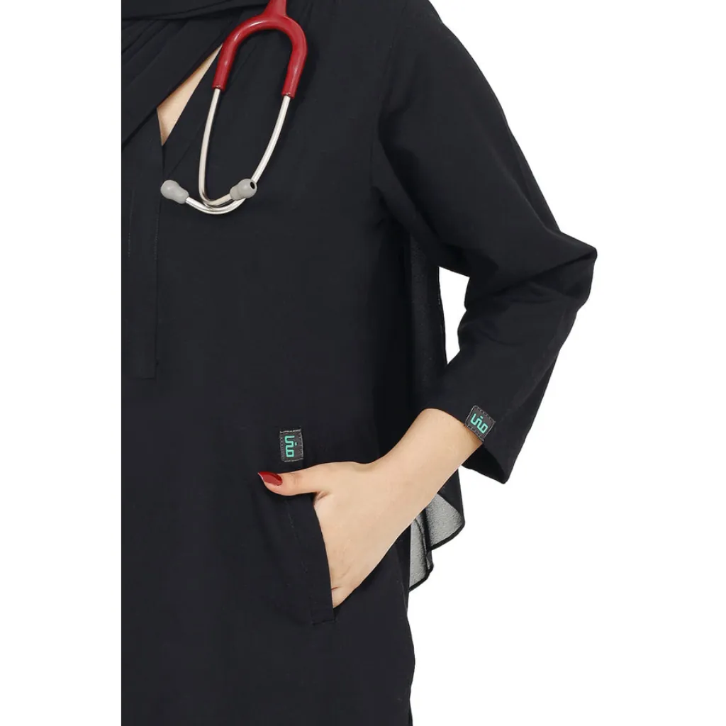 Premium Women's Full Sleeve Medical Scrub Suit – Polyviscose Peach Finish with Side Pockets - Black