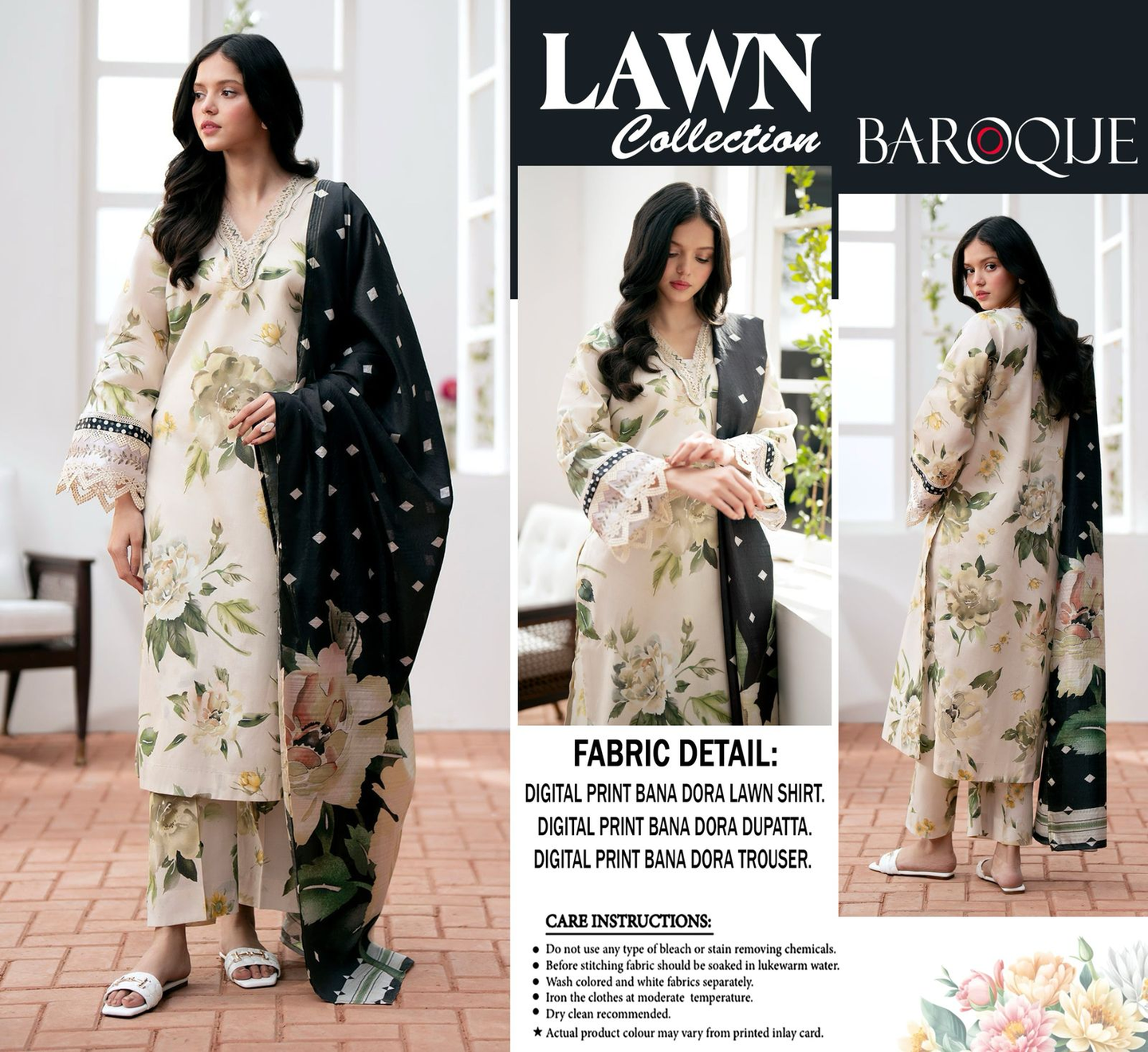 BAROQUE 3PC Summer Casual Collection Premium Lawn Bana Dora 90/88 Digital Printed Elegance