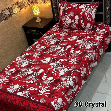 New Rich Red Floral 3D Crystal Cotton Bed sheet Set – 4Pc Single Bed with Pillow Covers-0022