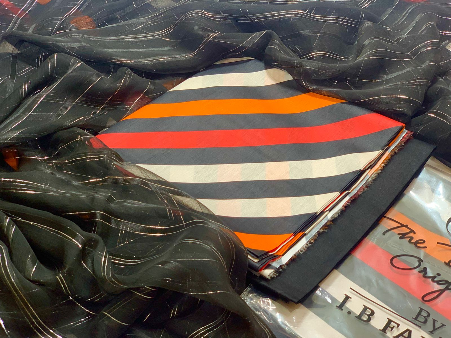 Vibrant Striped Suit with Black Chiffon Dupatta - I.B. Fabrics Original Design