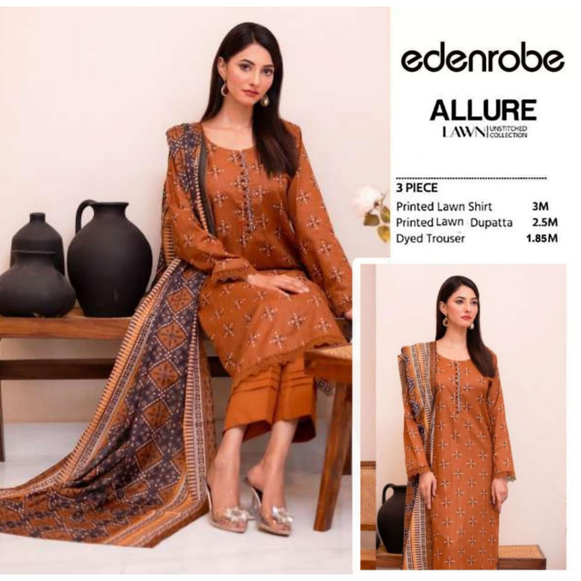 Edenrobe Allure Collection 3-Piece Suit – Elegant earthly Brown with Grey Fabric with Intricate Printed Dupatta-1013