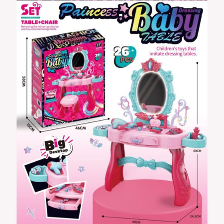 Princess Baby Dressing Table Set with 26 Pieces and Chair – Pretend Play Vanity Toy for Kids