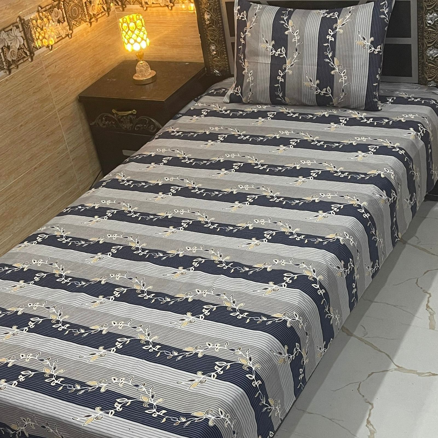 4Pc Crystal Cotton Single Pair Bedsheets – Stylish Blue & White Stripes with Elegant Floral Design