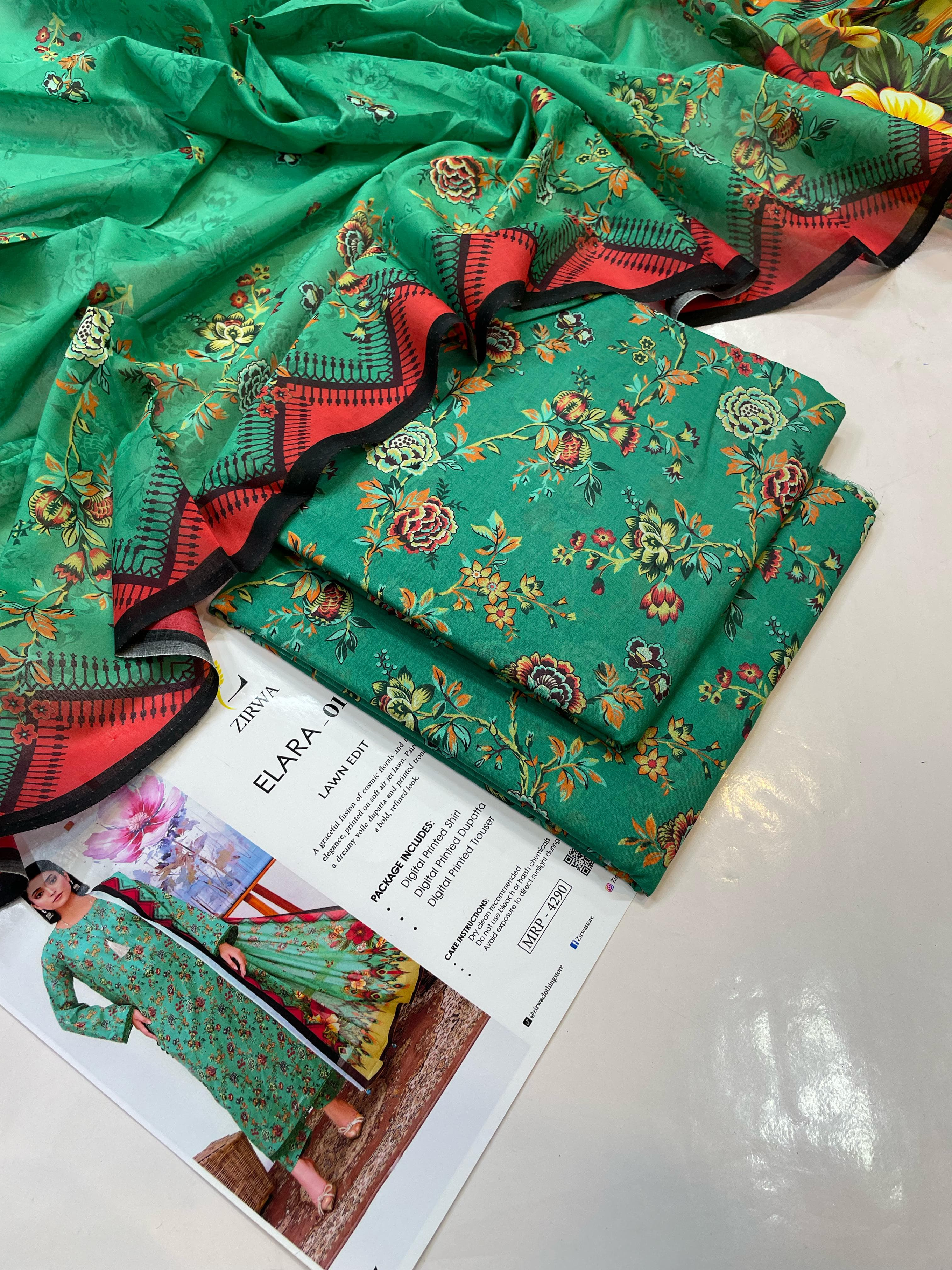 Zirwaa Elara Lawn Collection Fabric – 3 Piece Unstitched Green Floral Printed Summer Suit