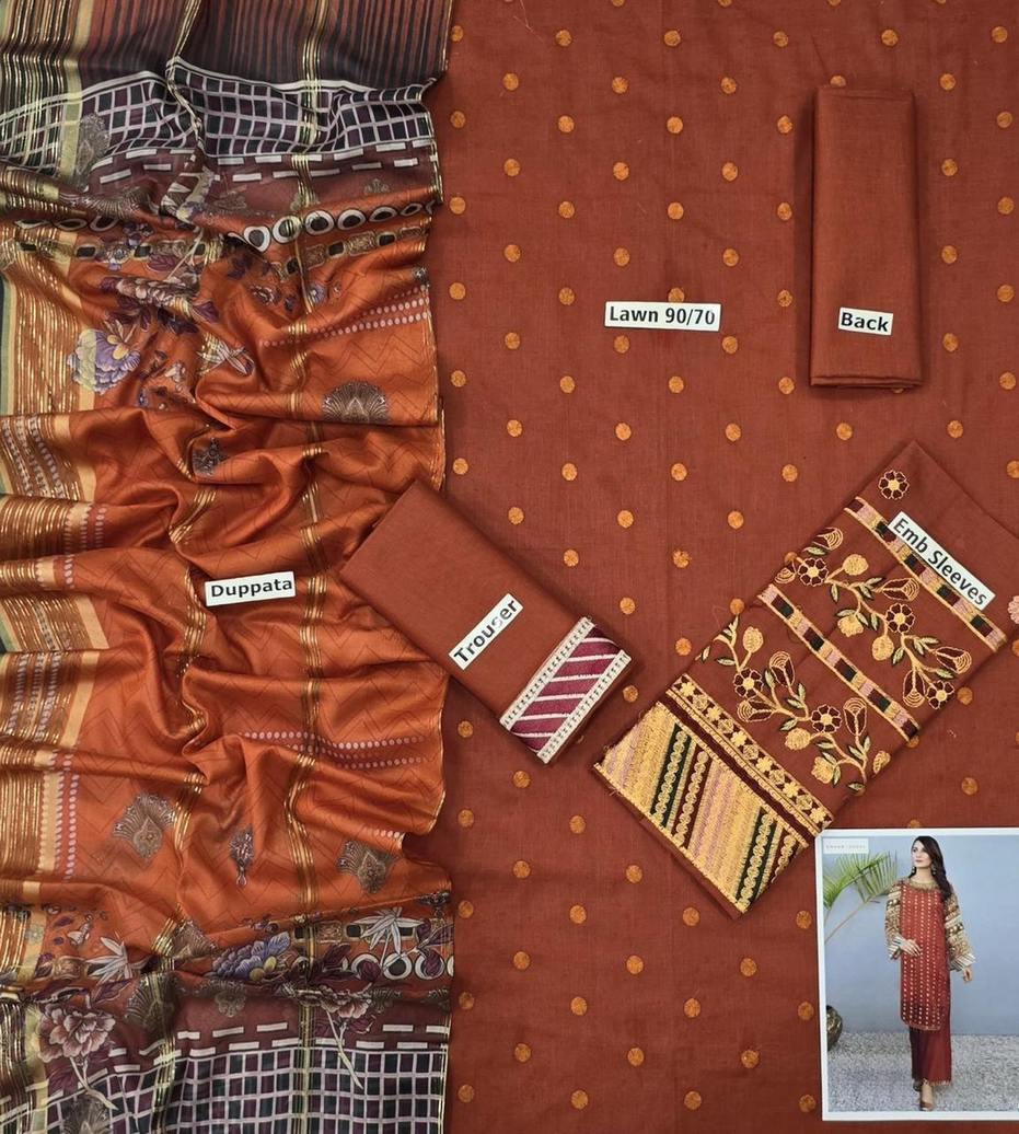 Rust Embroidered Lawn Suit with Printed Silk/Satin Dupatta - Summer Collection