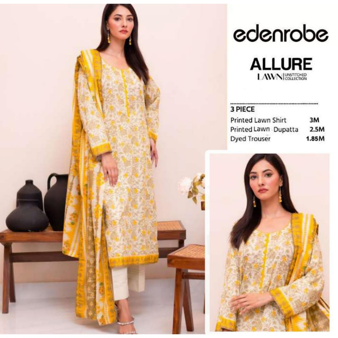 Edenrobe Allure Collection 3-Piece Suit – Elegant Bright Yellow and White Floral Print Fabric with Printed Dupatta -1014