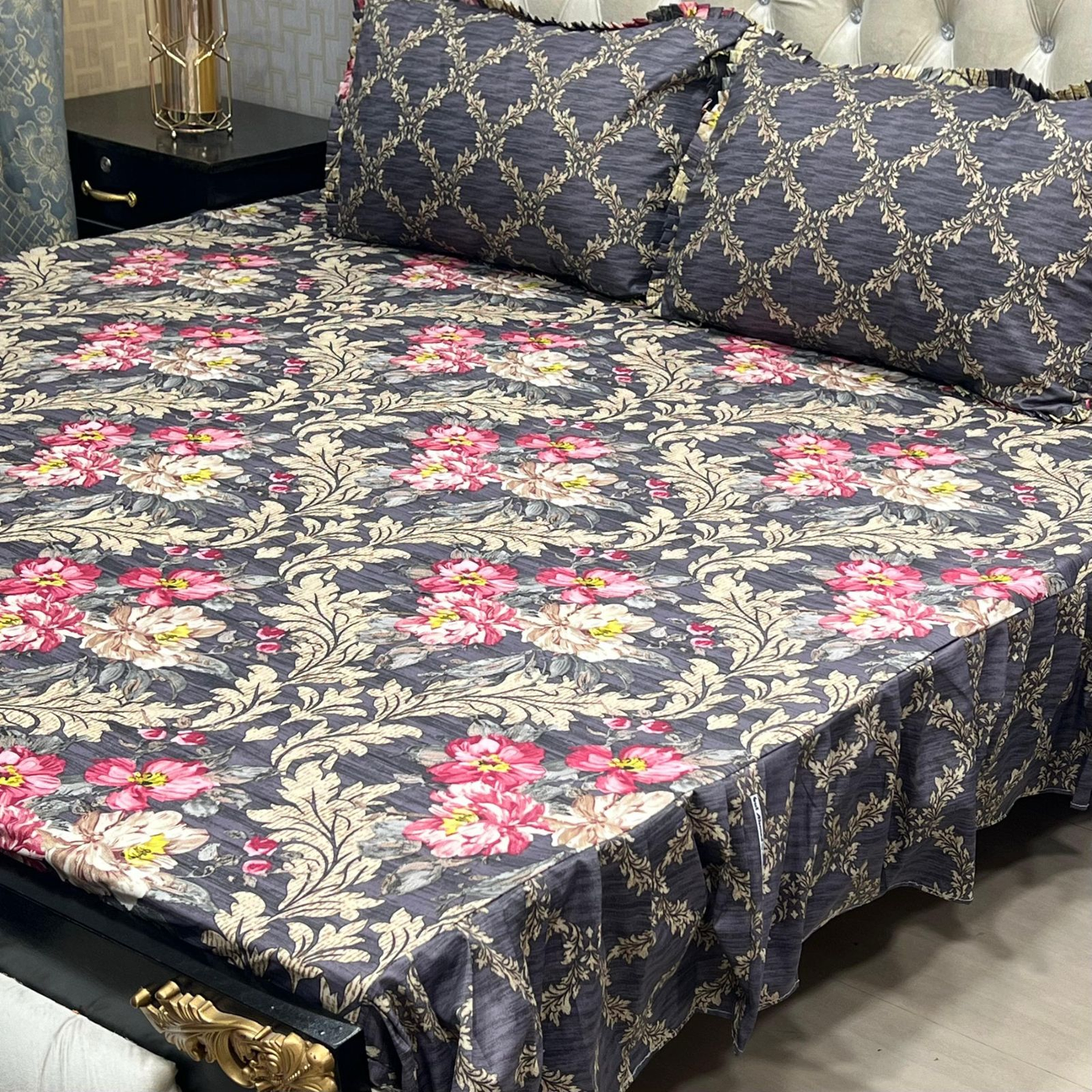 Floral & Damask Reversible 3-Piece Frill Bedsheet Set
