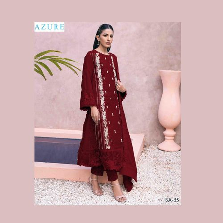Azure Banadora Lawn 3-Piece Embroidered Suit – Elegant Front & Sleeves with Neck/Daman Patch | Bamber Chiffon Dupatta