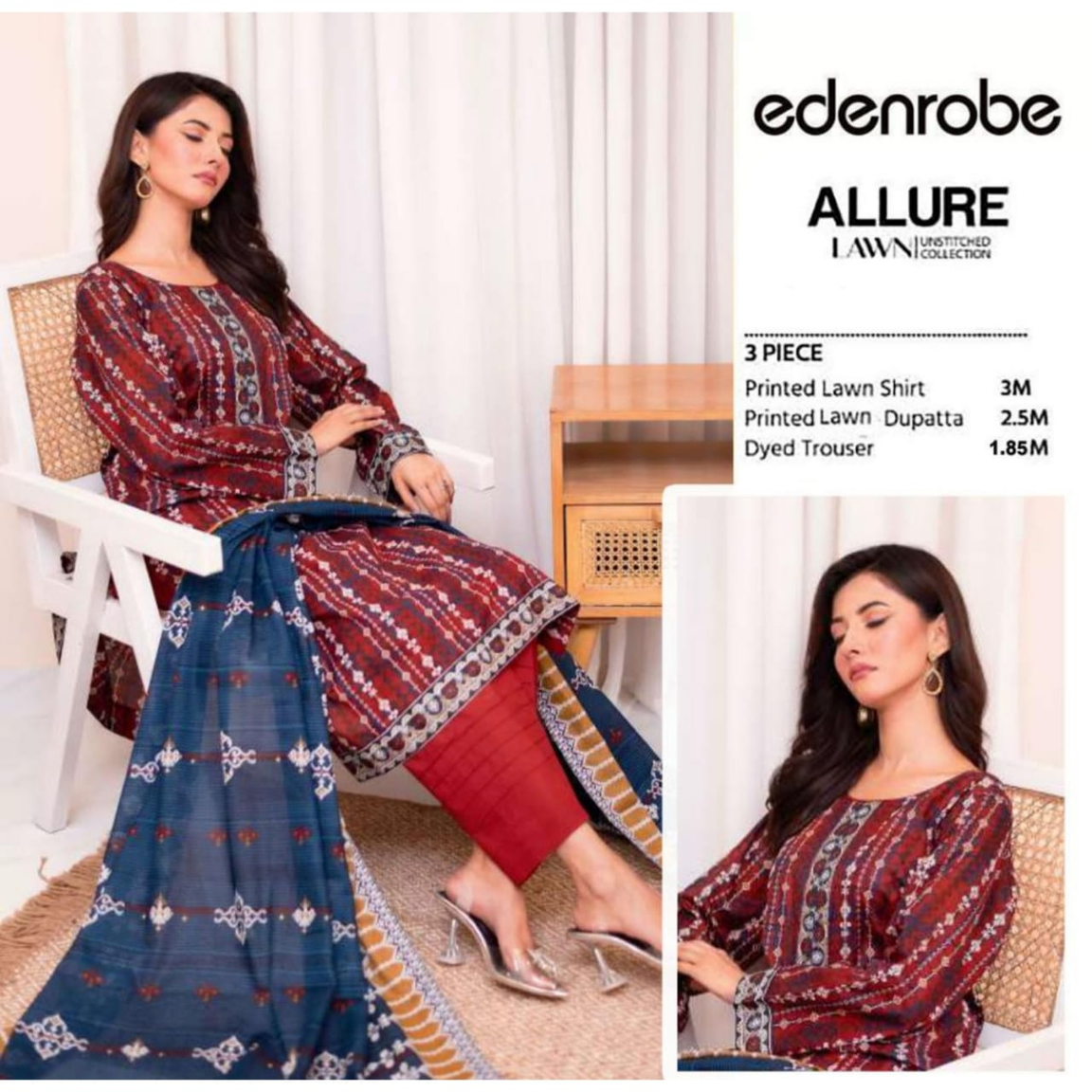 Edenrobe Allure Summer Collection – Red & Blue with White Floral Print fabric 3-Piece Suit with Blue Printed Dupatta-1012