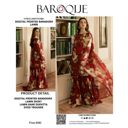 Brown Bana Doria 3Piece Lawn Suit BAROQUE Digital Printed Collection Unstitched Premium Lawn Fabric