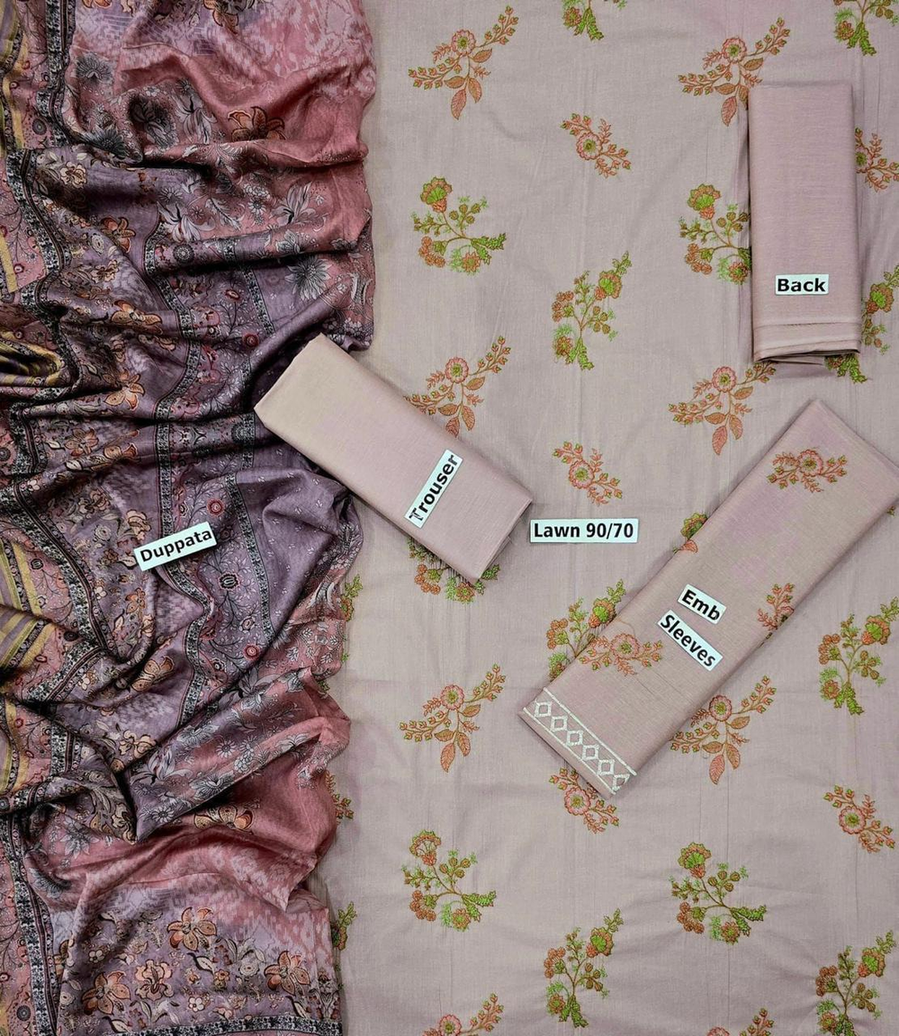 Light Pink/Mauve Embroidered & Printed Lawn Suit with Floral Dupatta