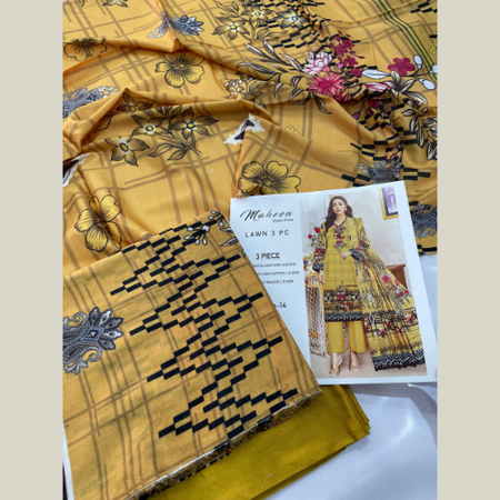 Yellow Digital Printed Lawn 3pc Unstitched Suit – Maheen Prints Summer Collection with Cambric Dyed Trouser and Printed Lawn Dupatta