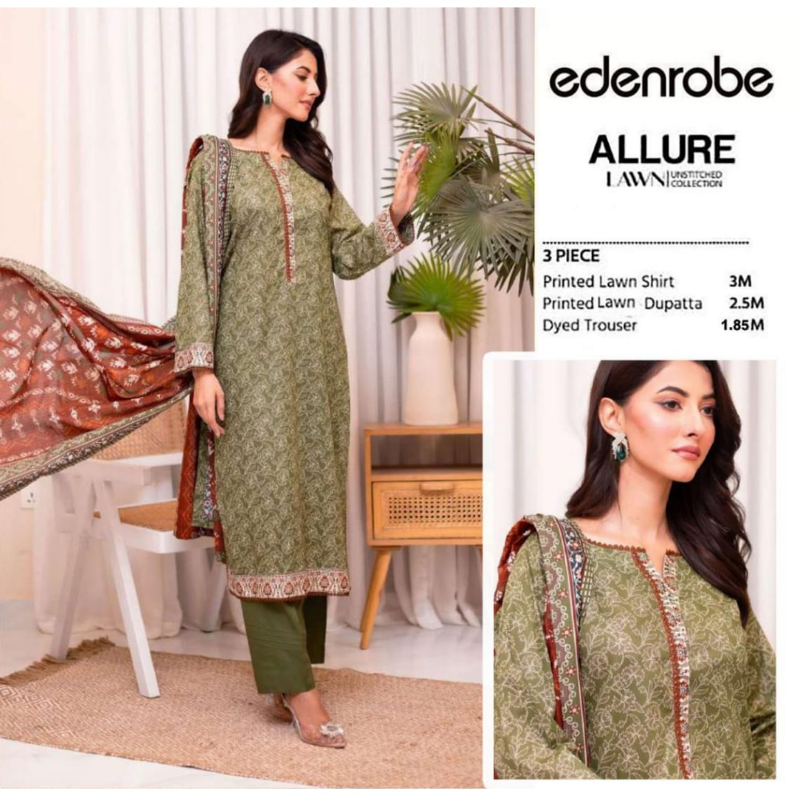 Edenrobe Allure Summer Collection – Olive Green Floral Print Fabric 3-Piece Suit with Golden Brown Printed Dupatta-1010