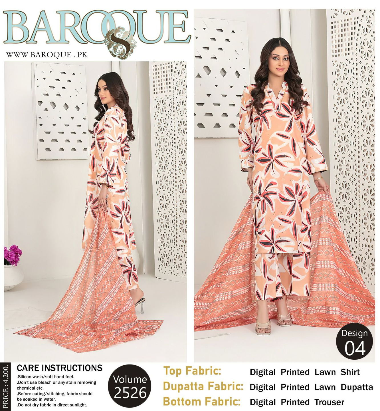 Baroque Peach & Black Abstract Floral Digital Print Lawn Suit - Unstitched 3-Piece Summer Collectioln BRQ-006 Vol-2526