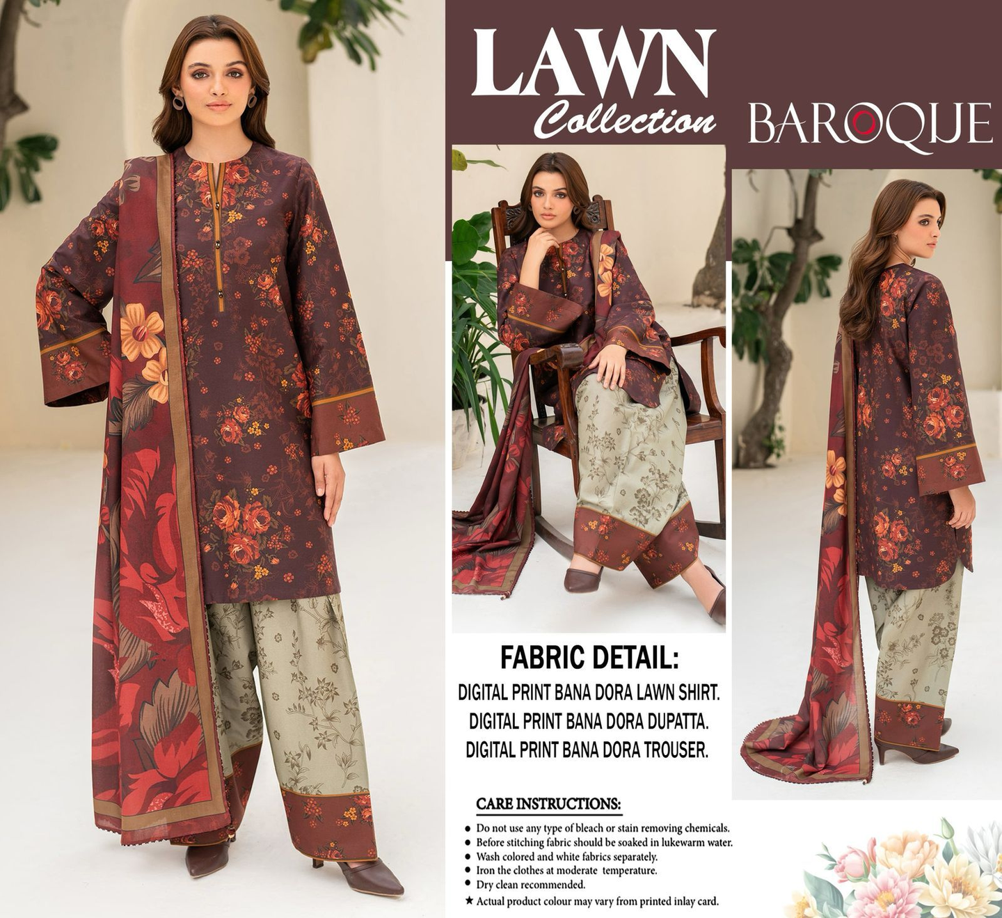 BAROQUE 3PC Summer Casual Collection – Premium Lawn Bana Dora 90/88 | Digital Printed Elegance