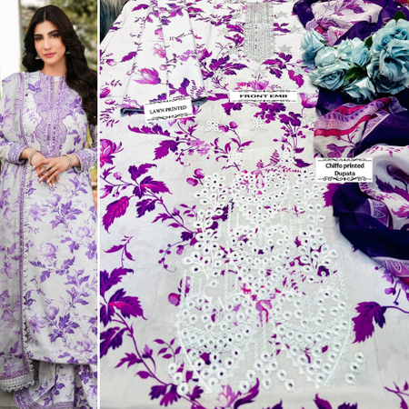 M.PRINT / Iznik / Crimson 3pc Eid Collection – Chicken Emb Lawn Suit with Chiffon Dupatta (PE001)
