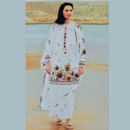 CROSS STITCH White 3PC Lawn Suit Summer Casual Collection Full Embroidered Shirt, Bamber Emb Dupatta & Embellished Trouser