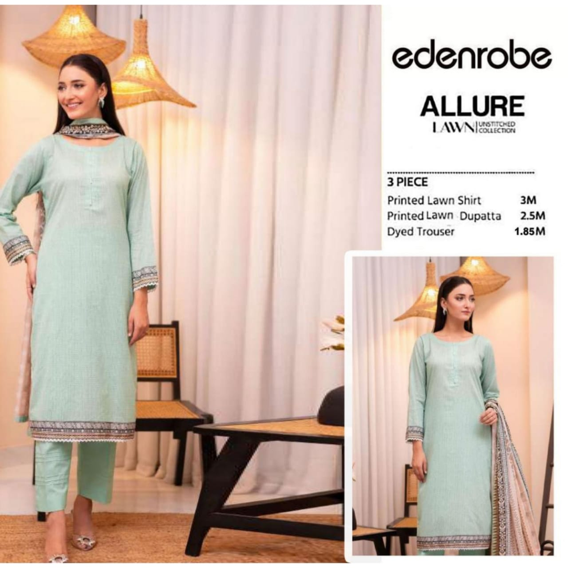 Edenrobe Allure Summer Collection – Soft Mint Green Fabric with Elegant Border With Beige Printed Dupatta 3-Piece Suit for Women-1003