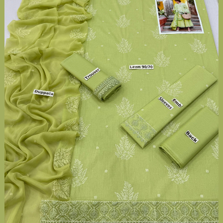 Bareeze BA128 – Luxury 3PC Embroidered Lawn Suit with Bamber Dupatta & Trouser Patch Detailing for Summer 2025 – Premium Festive Wear.
