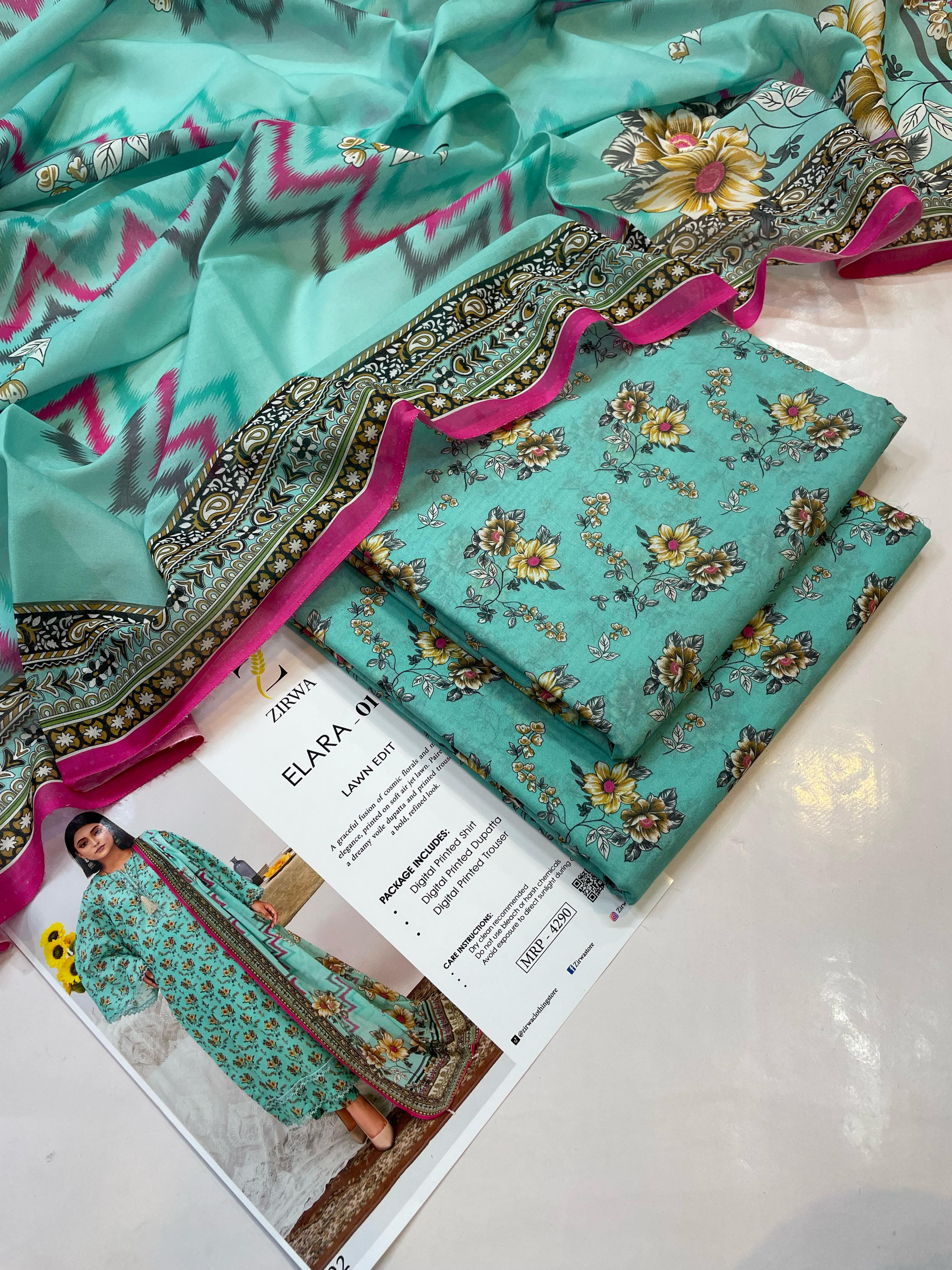 Zirwa Elara Premium 3 PCs Printed Lawn Suit – Elegance Redefined