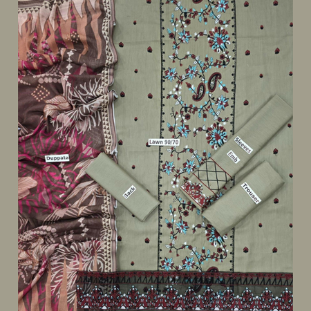 Graceful Embroidered Lawn 3PC Suit with Digital Diamond Dupatta & Stylish Trouser Patch – Summer Edition Mix Brands.
