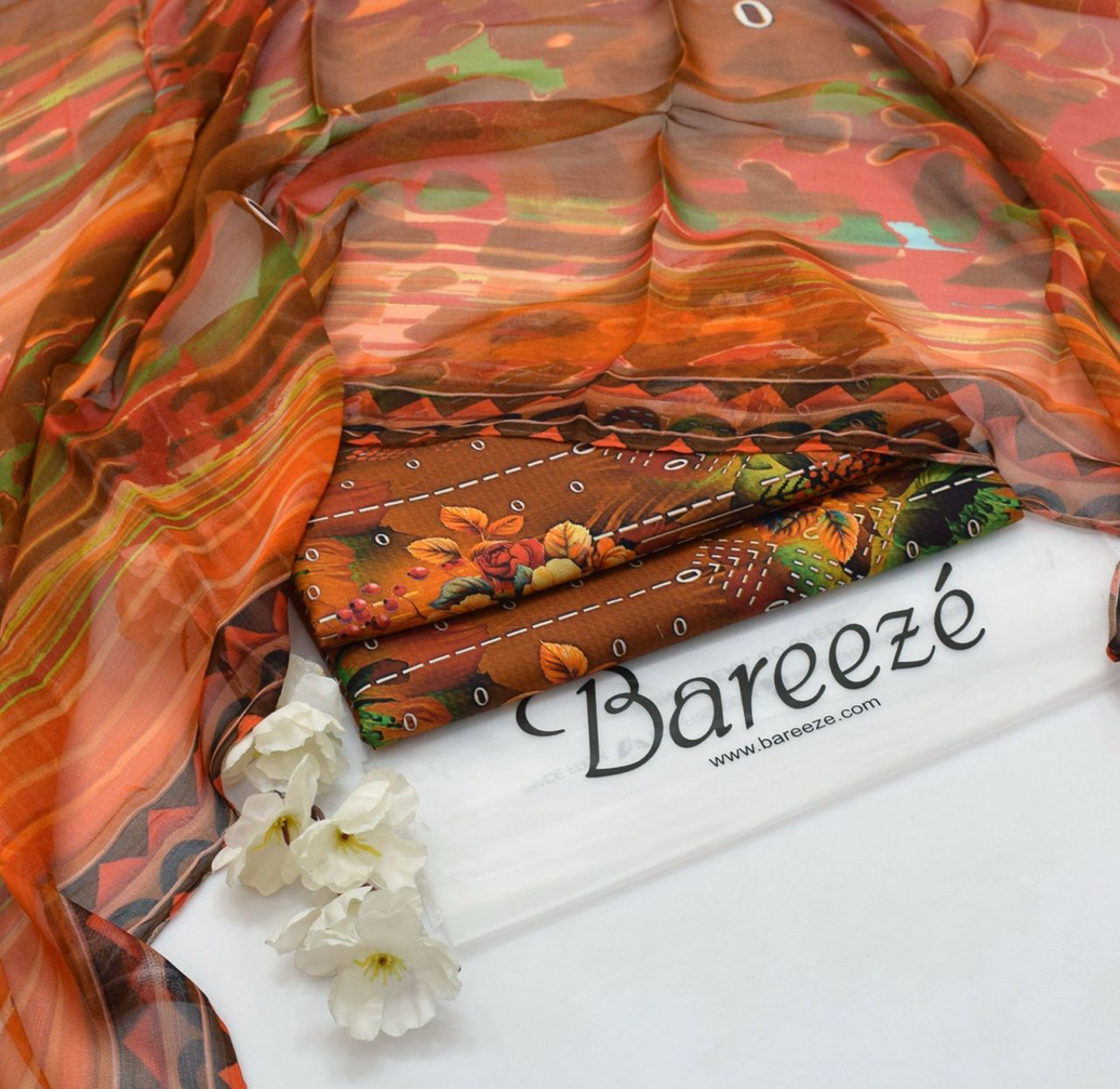 Bareeze Unstitched Brown & Orange Floral Print 3-Piece Suit with Matching Dupatta