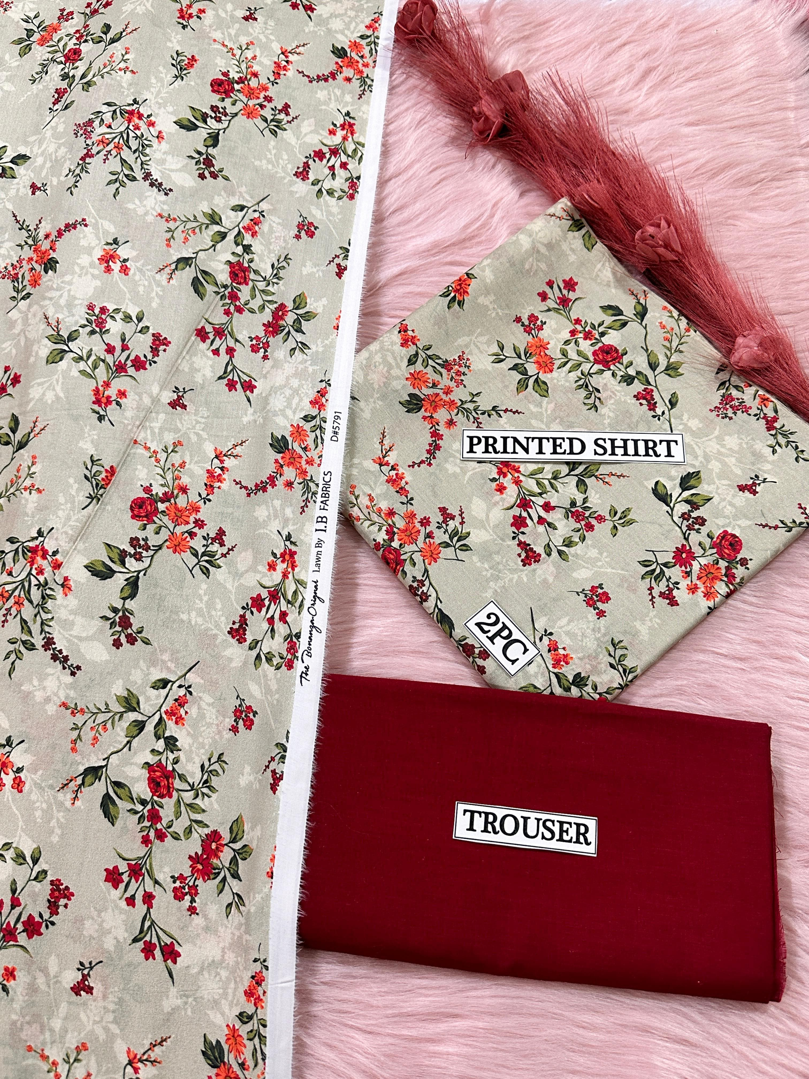 Light Gray Floral Lawn Suit BONANZA 2PC Unstitched with Red & Orange Flowers and Green Leaves
