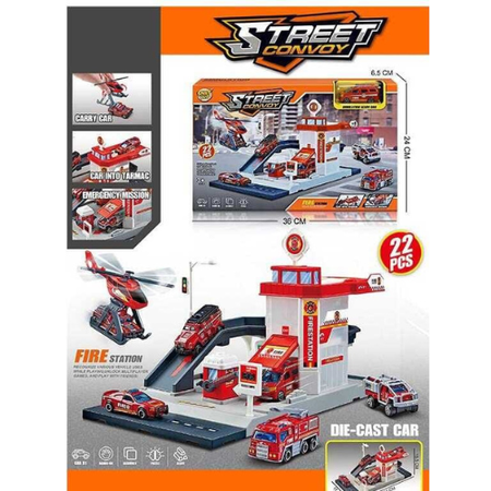 Garage Fire Station Toy Set with Helicopter, Fire Truck & Accessories – Street Convoy 897290 for Kids Roleplay & Adventure.